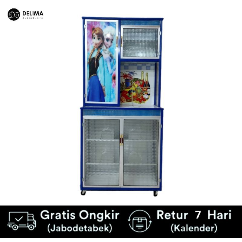 Rak Piring Lemari Sayur Karakter 2 Pintu Kaca, Kaki Roda - Frozen