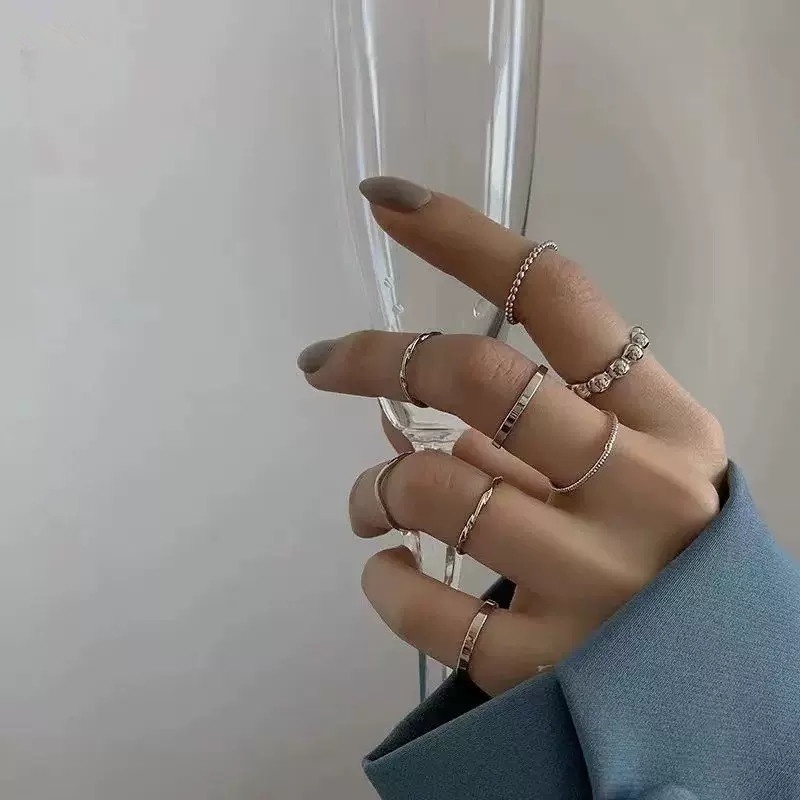 Papaozhu 8PCs Ins Trendi Perak Geometris Susun Cincin Untuk Wanita Gadis Korea Buku Jari Cincin Set Minimalis Perhiasan Set