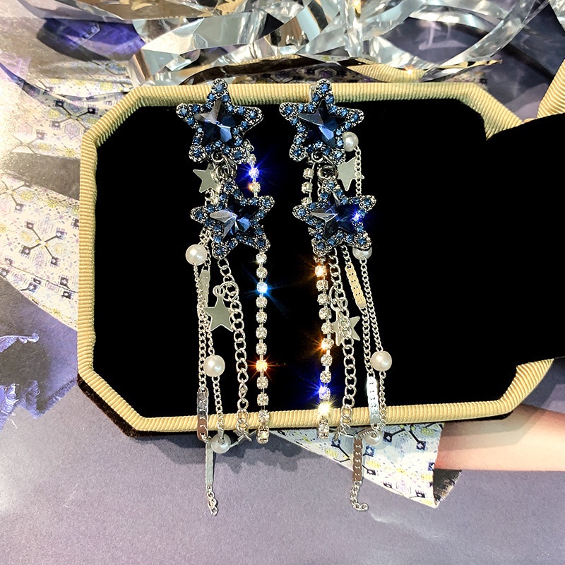 Anting s925 silver needle Bentuk pentagram Aksen Kristal Mutiara Rumbai Gaya Korea Untuk Wanita