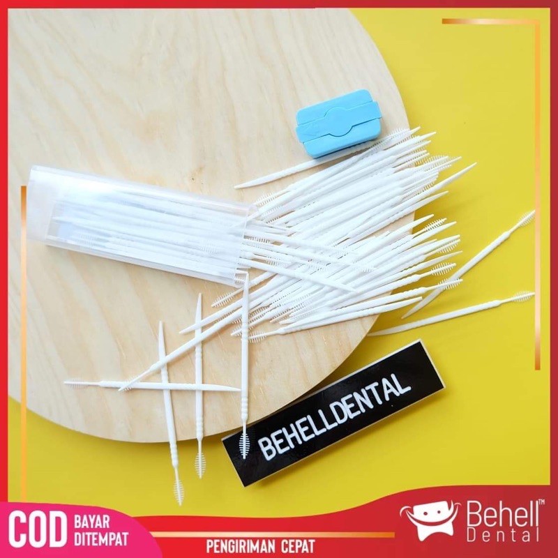 100pcs TUSUK GIGI 2 SISI BEHEL PREMIUM PUTIH - Dental Floss Pembersih Sela Celah Ortho Kawat Bracket - Tooth Brush Interdental Pick Picks Plastik - Sikat Gigi Behel Anti Penghilang Plak Karang Gigi - Behelldental