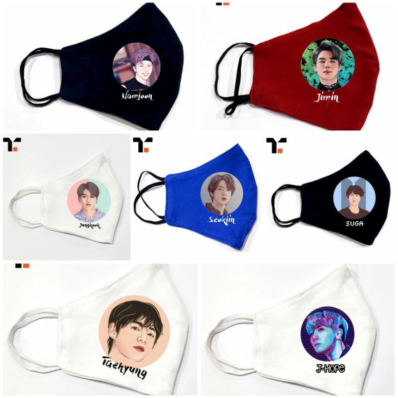 Masker Custom Kain Non Medis Lembut Sablon BTS BT21 Suga V Jhope Jimin Jin Jungkook RM