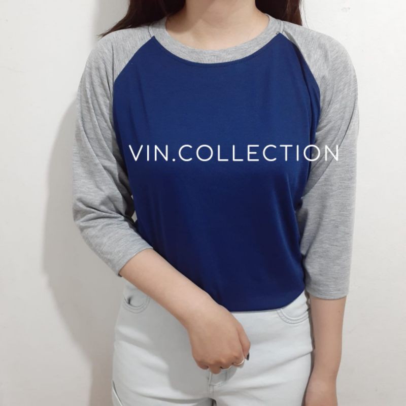 Kaos polos raglan 3/4 pria wanita - biru dongker kombinasi misty