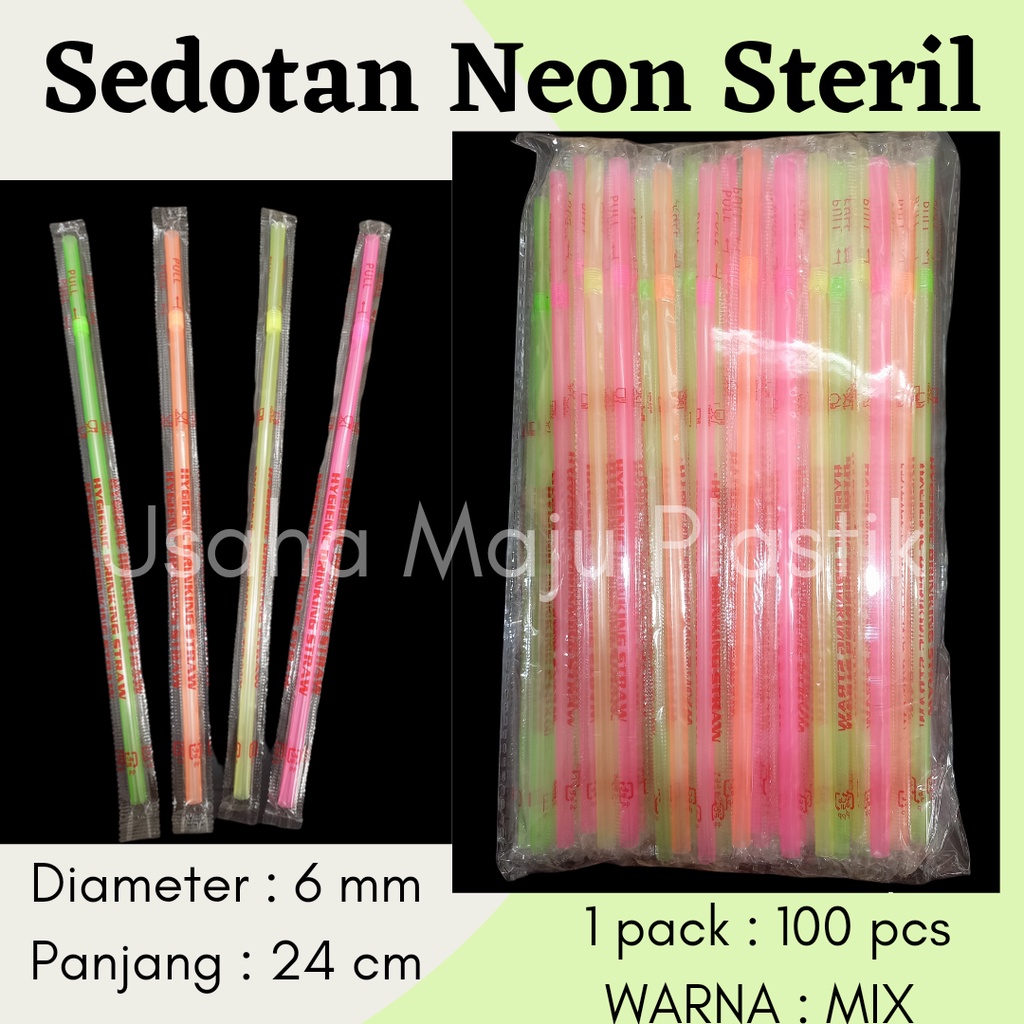 Sedotan Steril Bengkok Bungkus Plastik Warna Warni / Higenins Neon 100 pcs