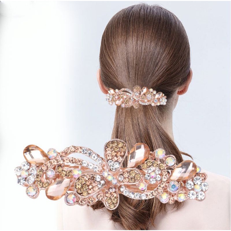 Jepit Rambut Otomatis Korea 9cm Elegan Jedai Besi Alloy Jepit Ponytail PREMIUM Kristal Mutiara Rhinestone Elegant Barrette Hair Clip