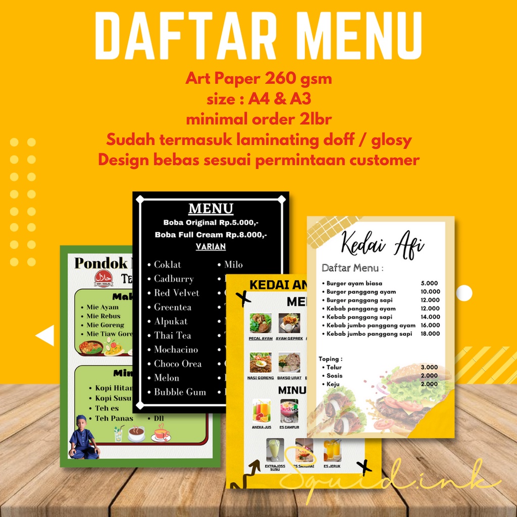 

[SQUID.INK] Cetak Daftar Menu art paper Makanan Minuman Cafe Custom A3 A4 MINIMAL 2 LEMBAR