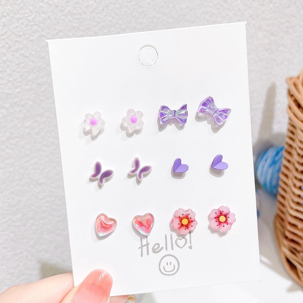 Set Anting Stud Desain Butterfly Heart Bow Flower Bahan Keramik Resin Untuk Wanita