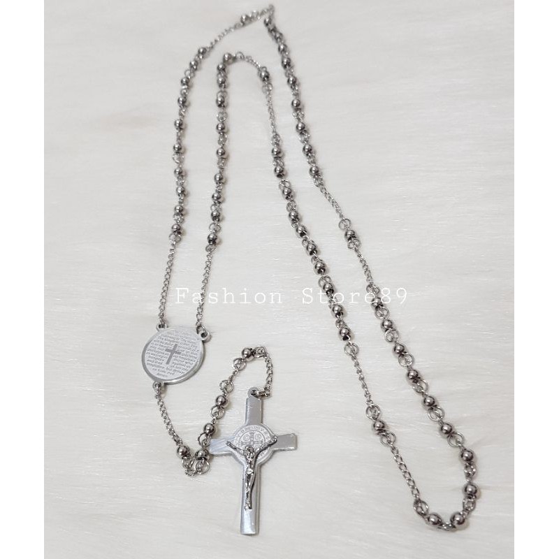 new kalung Rosario kalung rohani salib silver titanium kalung salib rohani titanium impor bestquality Kalung Doa Bapa Kami Salib Titanium Silver