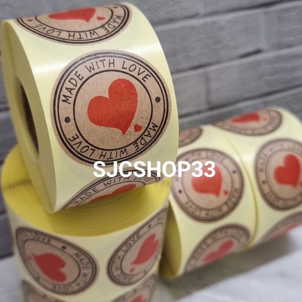 1 roll isi 350 pcs sticker label thank you kraft made with love 3,8 cm