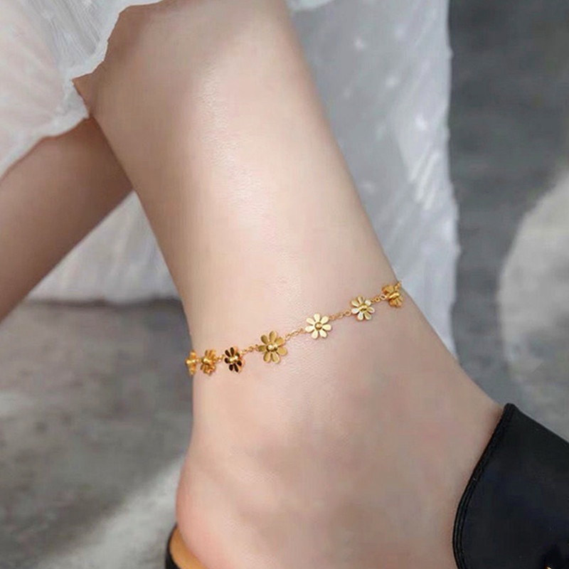 SEALOVE Gelang Kaki Titanium Wanita Anti Karat Bunga Daisy Emas 18k Perhiasan Korea