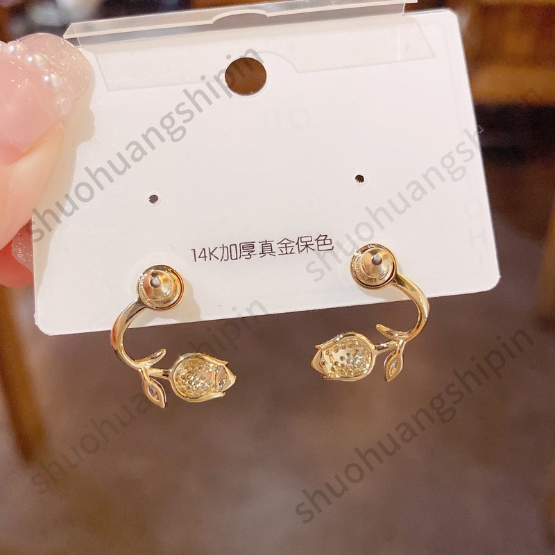 Anting Bentuk Bunga Tulip Aksen Berlian Gaya Korea