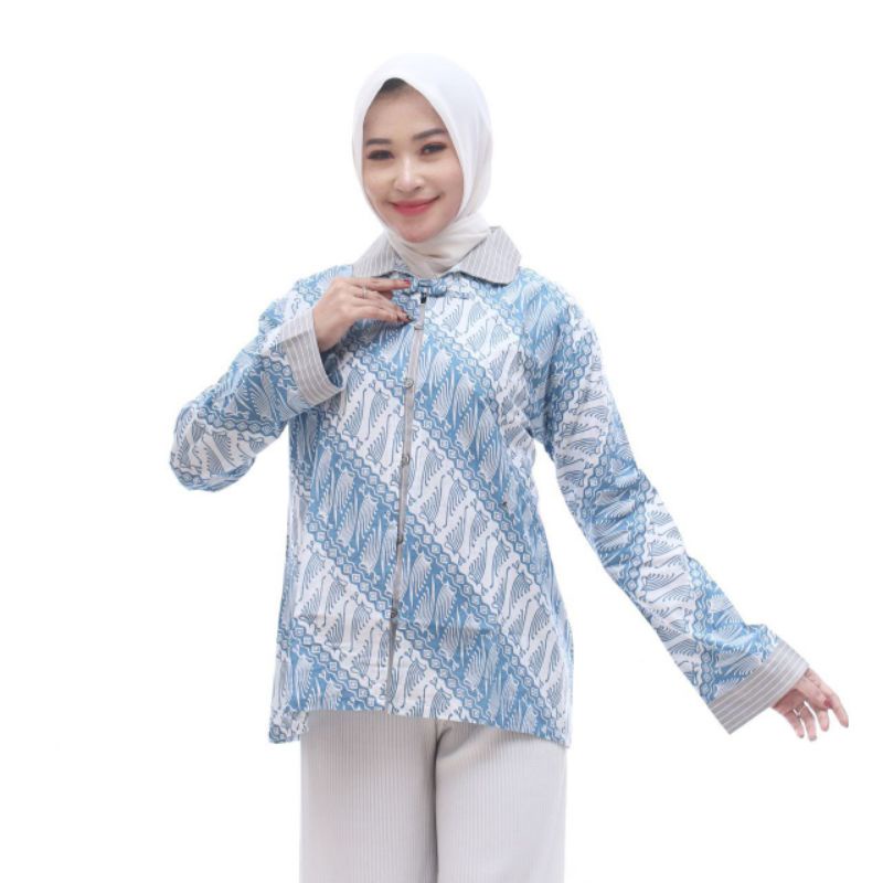 tey-17 Batik Wanita ASJ SA HRB026 Kenogo Kemeja Tosca Pendek-B seno biru