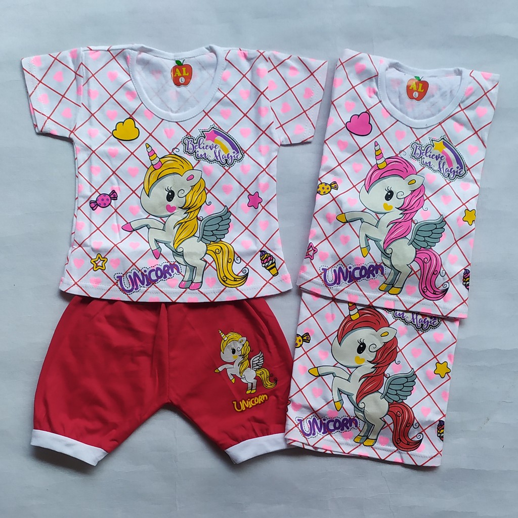 Setelan baju anak perempuan bayi lengan pendek 0 - 18 bulan motif / setelan anak cewek motif