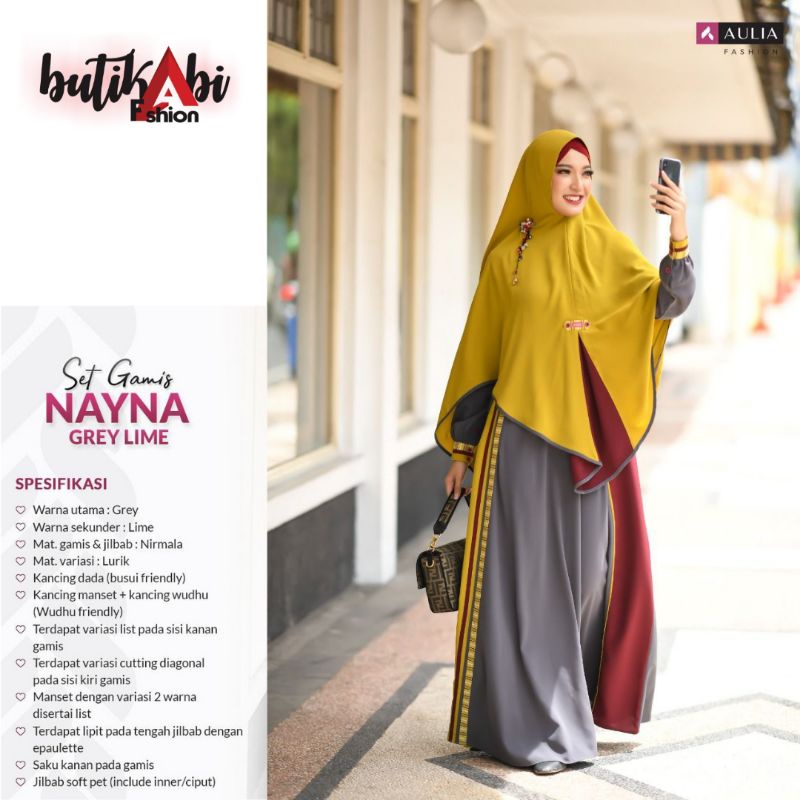 SET GAMIS AULIA TERBARU NAYNA GREY LIME FASHION SYARI PREMIUM WANITA BUSUI WUDHU FRIENDLY BAHAN NIRM