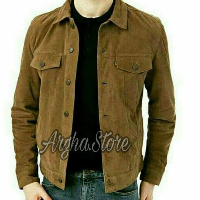 Jaket Jeans Denim Cowok / Pria Cream Tua / Coklat Clasic - Cokelat Muda, Xl "Harga Promo"