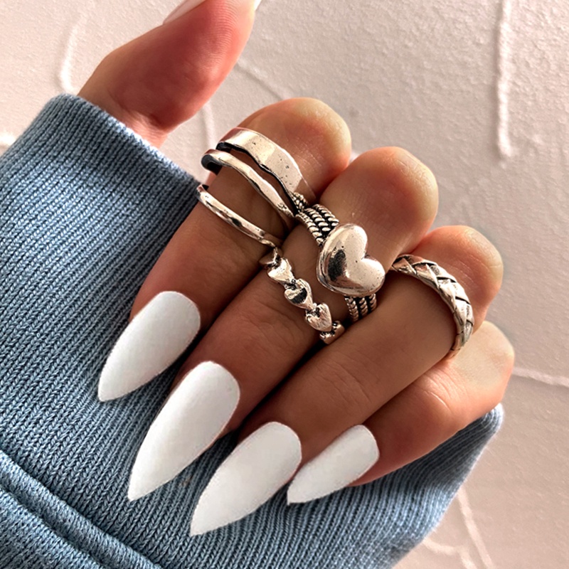 IFYOU 5pcs / set Cincin Bentuk Hati Warna Silver Gaya Vintage Untuk Wanita