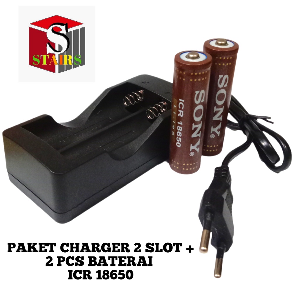 Paket Charger 2 Slot + 2 PCS Baterai ICR 18650 6000mAh 3.7V Warna Coklat FLATTOP