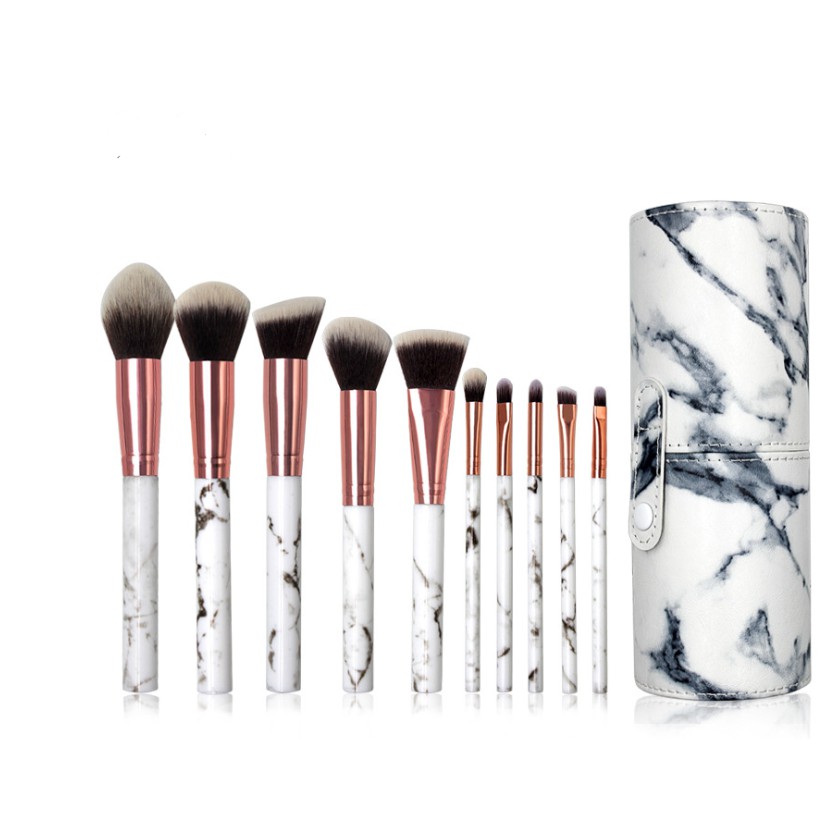 Set Kuas Makeup Makeup Marble 10 pcs Marmer dengan Tas Bundar Marble Brush