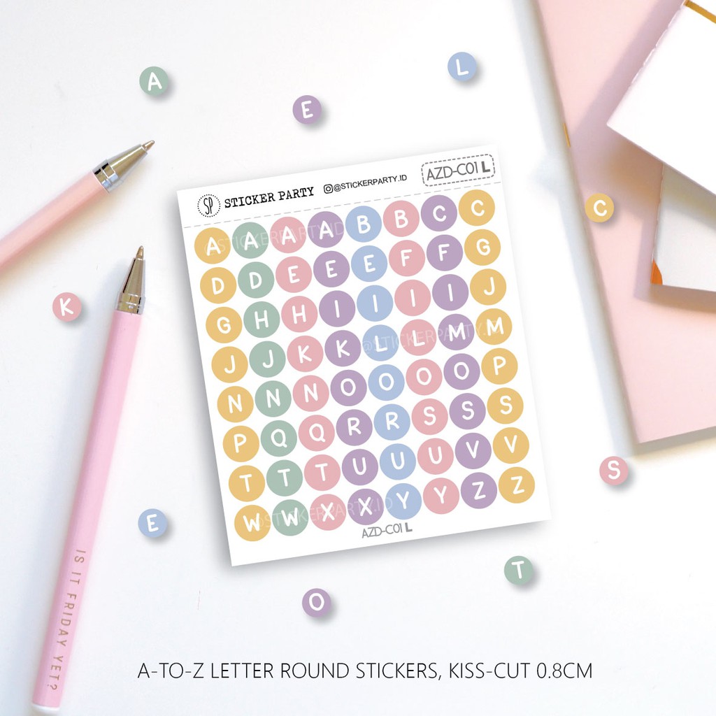 

[Sticker Party] Sticker Alphabet Huruf Abjad Angka Minggu Bulanan Dot 0,8CM Warna Candy AZDC01