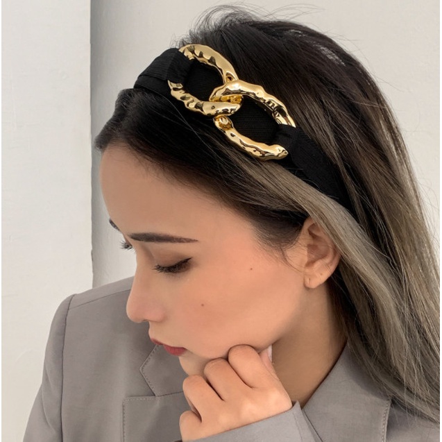 Bando Bandana Poni Korea / Bando Wanita Polos Gold Hardware Latte