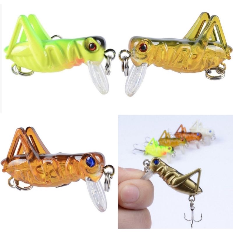 Umpan Pancing Hard Bait Bentuk Jangkrik /  Belalang Realistis Ukuran 4cm / 3g Dengan 3 Mata Kail. Um