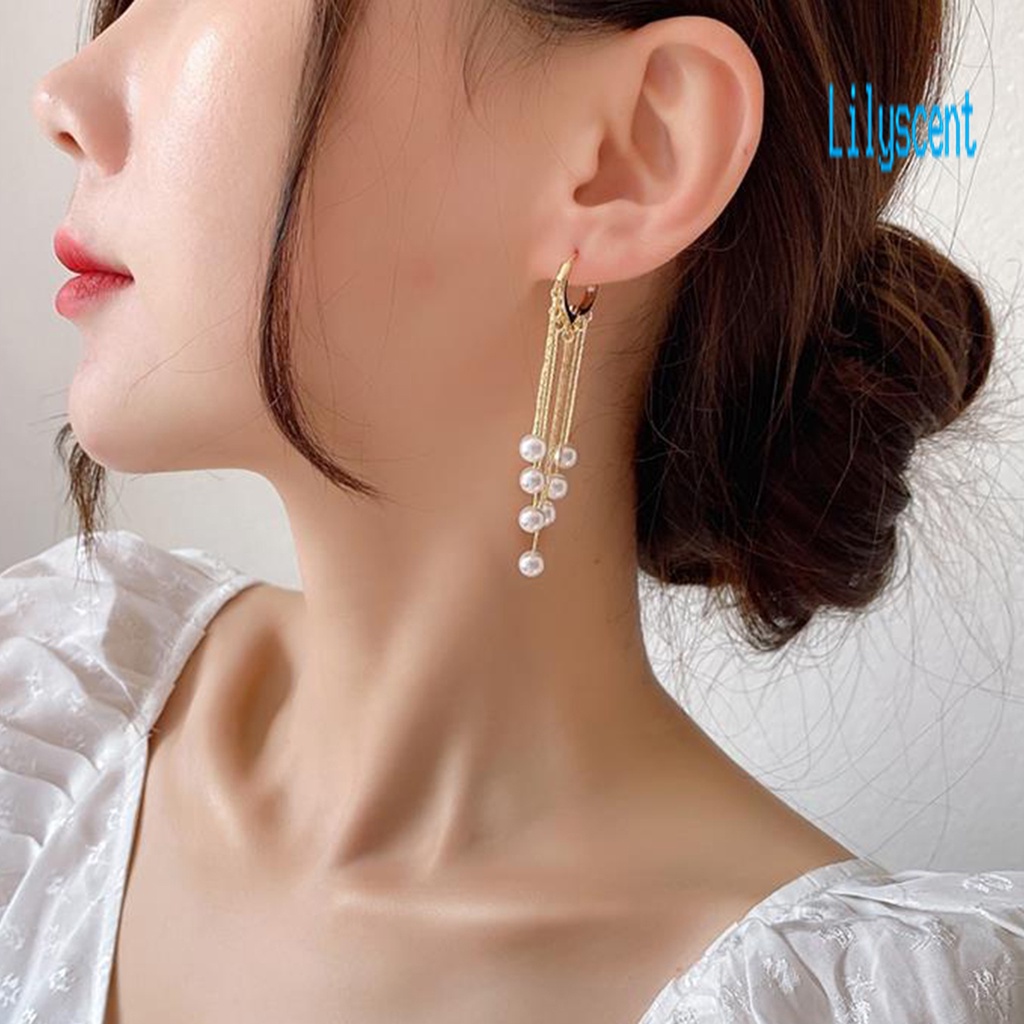 Ls 1 Pasang Anting Tusuk Gantung Wanita Desain Rumbai Mutiara Imitasi Gaya Bohemian Untuk Pernikahan