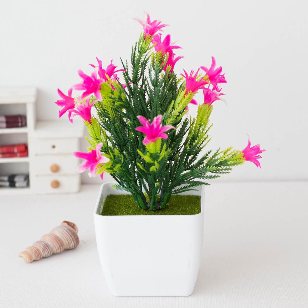 AM816 Bunga Plastik / Pajangan Bunga Artificial / Vas Kecil Segi4-Pink