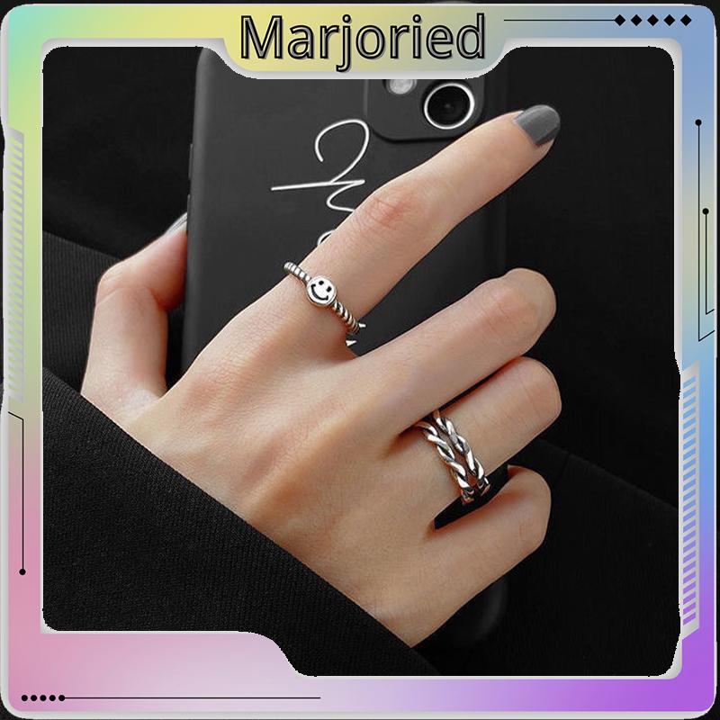 2 PCS Retro Smiley Cincin Wanita Fashion Kepribadian Pembukaan Cincin Dapat Disesuaikan-MJD