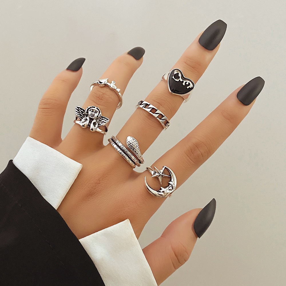 6pcs / Set Cincin Aneka Bentuk Warna Hitam Untuk Wanita