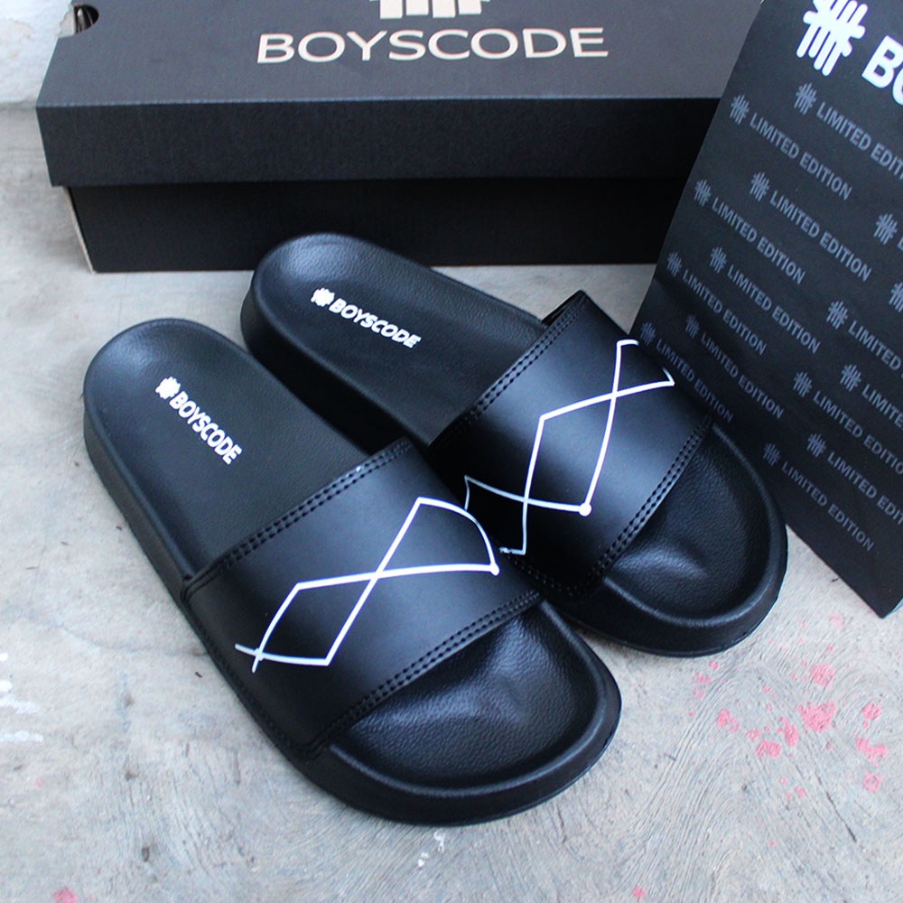 Sandal Slip On Pria Distro Terbaru Boyscode Curves Lines Hitam / Sandal Slop / Sandal Slide Pria