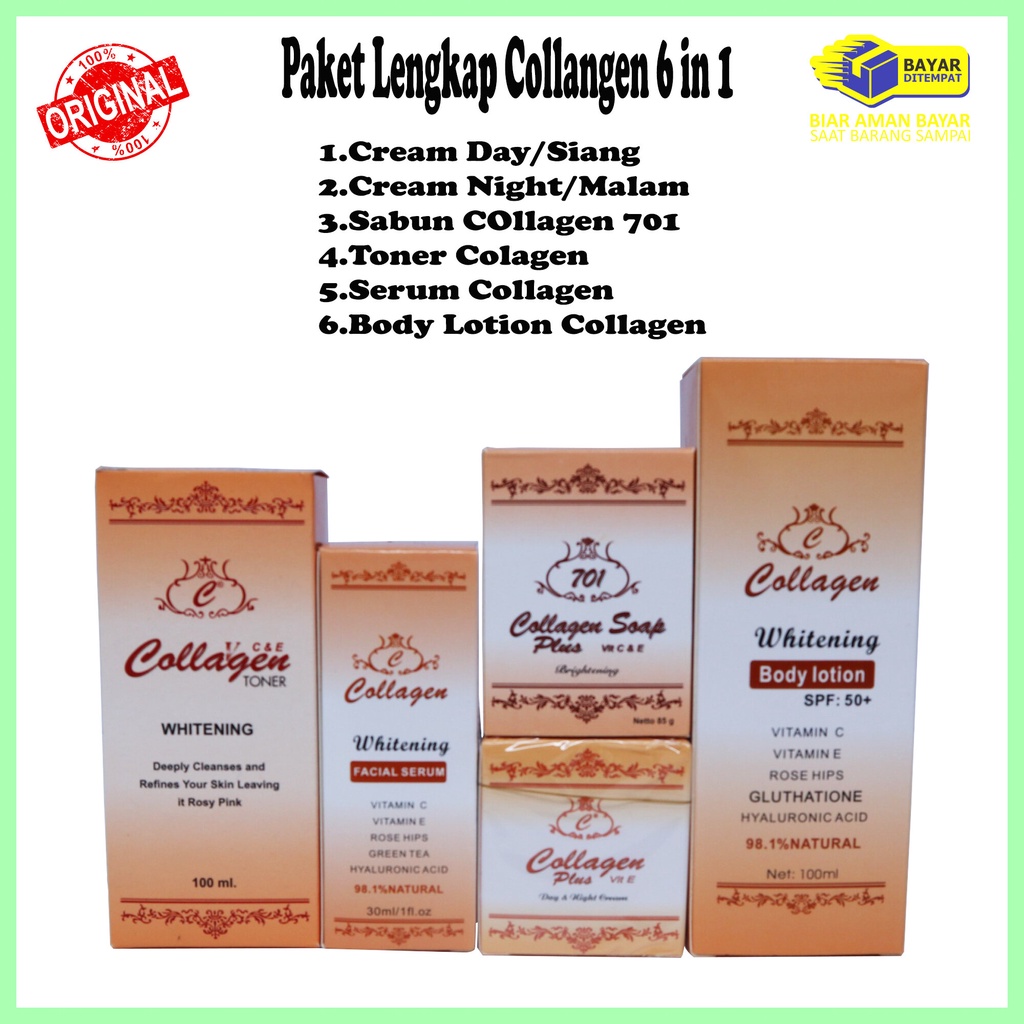 Paket Cream Collagen Terlaris Extra Super Komplit / Paket Cream Collagen Terbaik - 6 in 1 ( Cream Day/Siang + Cream Night/Malam + Sabun + Toner + Serum + Lotion Gluthatione)