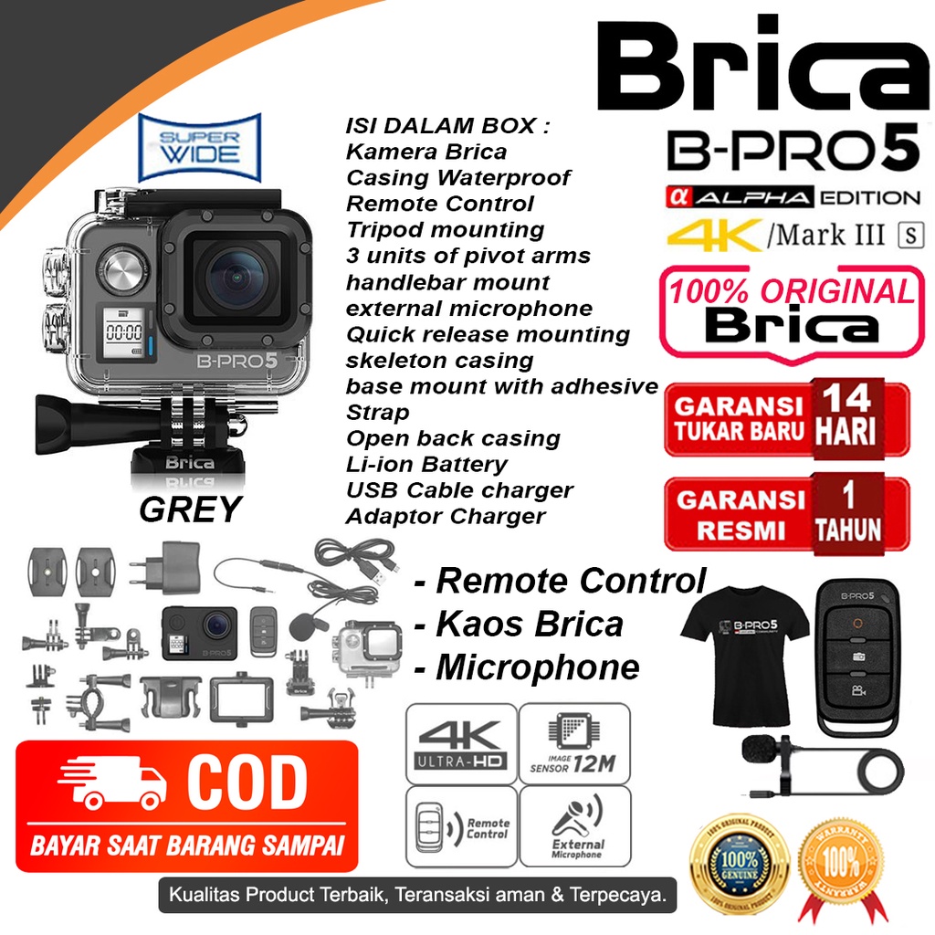 Brica B-Pro 5 Alpha Edition Action Cam AE3S -  AE Basic - AE Lite - AE1 4K - AE2 - AE2S - Kamera Brica-AE3S GREY + TSHIRT