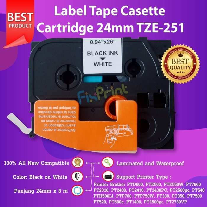 Label Tape TZe-251 24mm Black On White Brother PT-D600 2730 7600 E550W