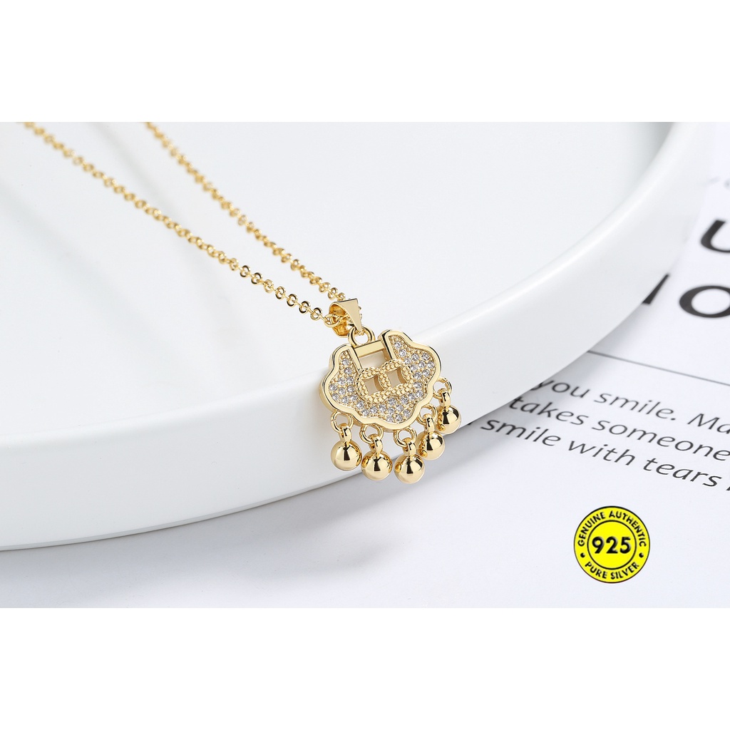 Kalung Rantai Klavikula S925 Silver Gold Plated 18K Hias Liontin Gembok Hati Berlian Untuk Wanita