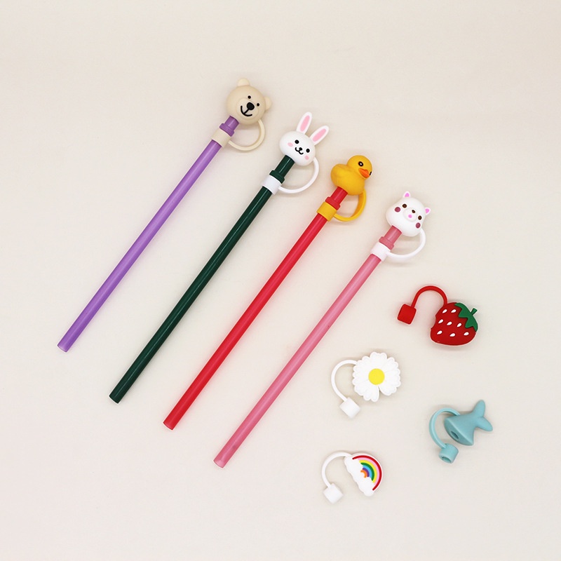 Tutup Sedotan Universal Anti Debu Reusable Bentuk Bunga Daisy/Strawberry/Telapak Hewan Bahan Silikon