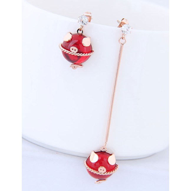 LRC Anting Tusuk Fashion Red Titanium Steel Lucky Pig Asymmetric Stud Earrings A58296