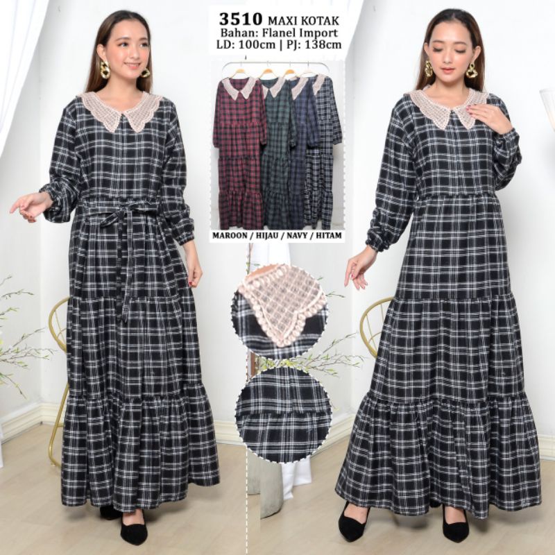 KOREAN MAXI DRESS FLANEL KOTAK PREMIUM RENDA 3510