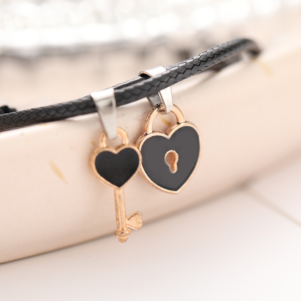 Simple Creative Heart Lock Key Couple Black Hand Rope Bracelet Set Vintage Bracelet Unisex Jewelry