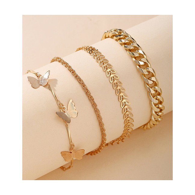 LRC Gelang Tangan Fashion Golden Butterfly Chain Alloy Leaf Multilayer Anklet K76568