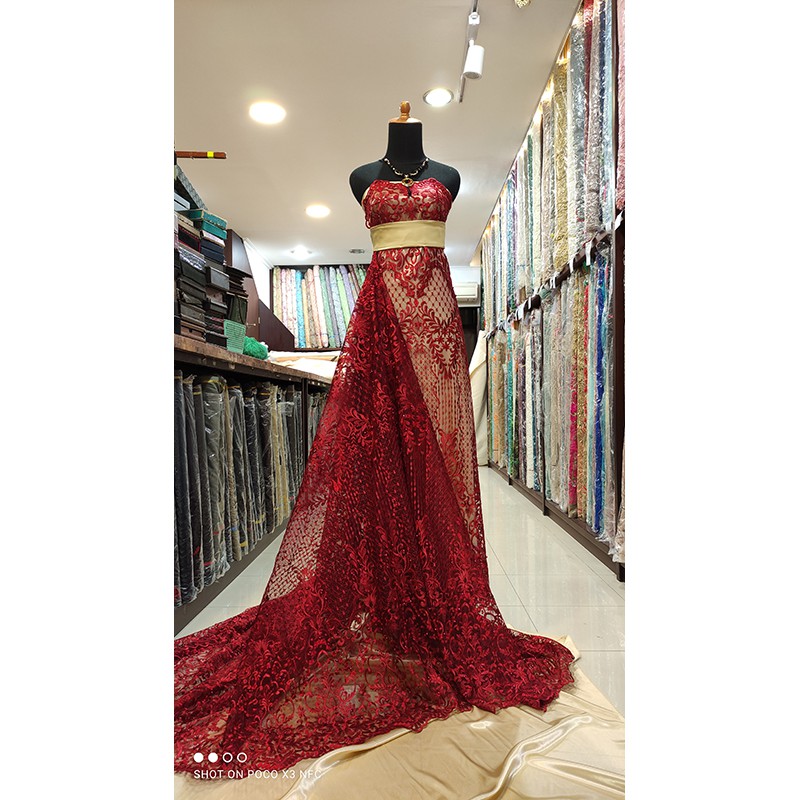 Kain Tile Lace Brokat Dress KEBAYA Bridal Bridesmaid Payet Merah