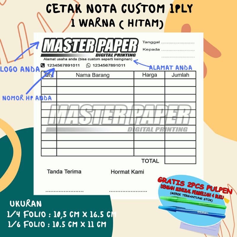 

Cetak nota custom 1ply 1/2 Folio desain bebas