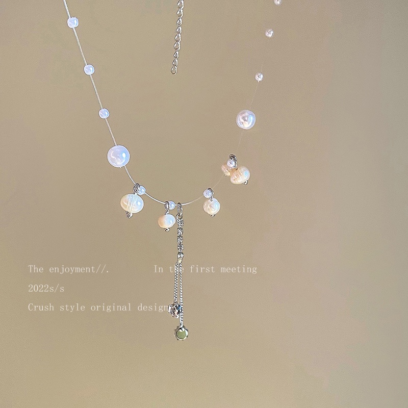 YEEZII Kalung Rantai Rumbai Mutiara Kristal Warna Silver Untuk Wanita