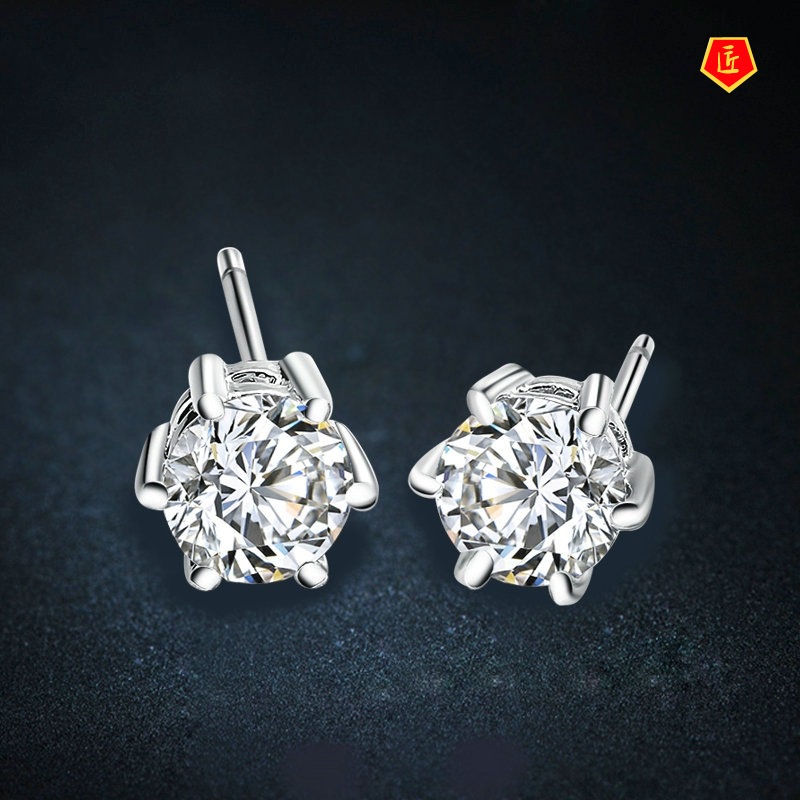 [Ready Stock]Fashion Silver Six-Claw Diamond Stud Earrings for Women