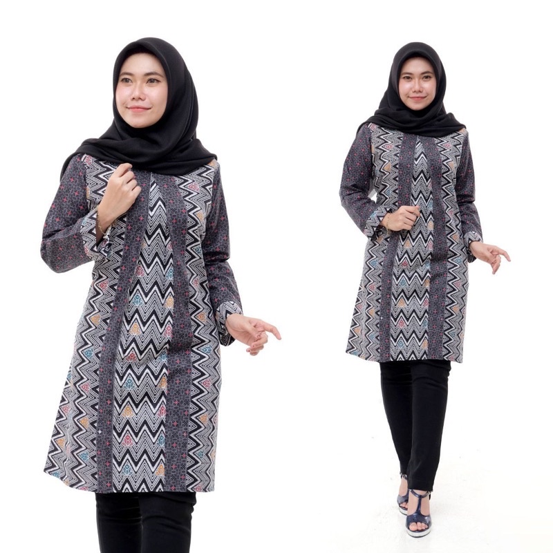 Tunik Batik Wanita Modern Terbaru JUMBO M L XL XXL Atasan Batik Wanita Seragam Murah Riskymabatik-Tunik Lipat abu