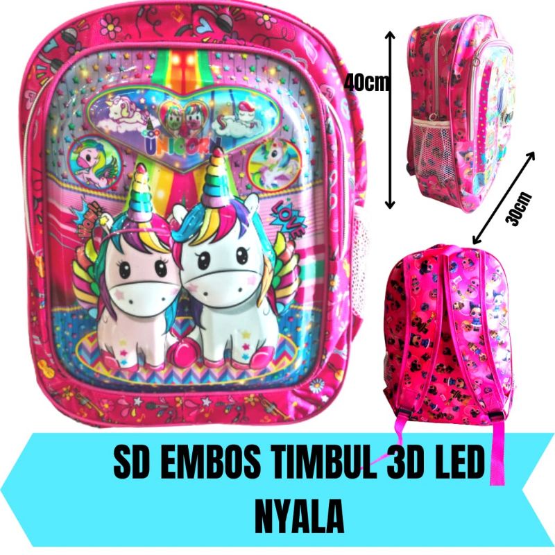 Tas Ransel Sekolah SD Anak Perempuan Karakter Embos timbul 3D lampu nyala LED