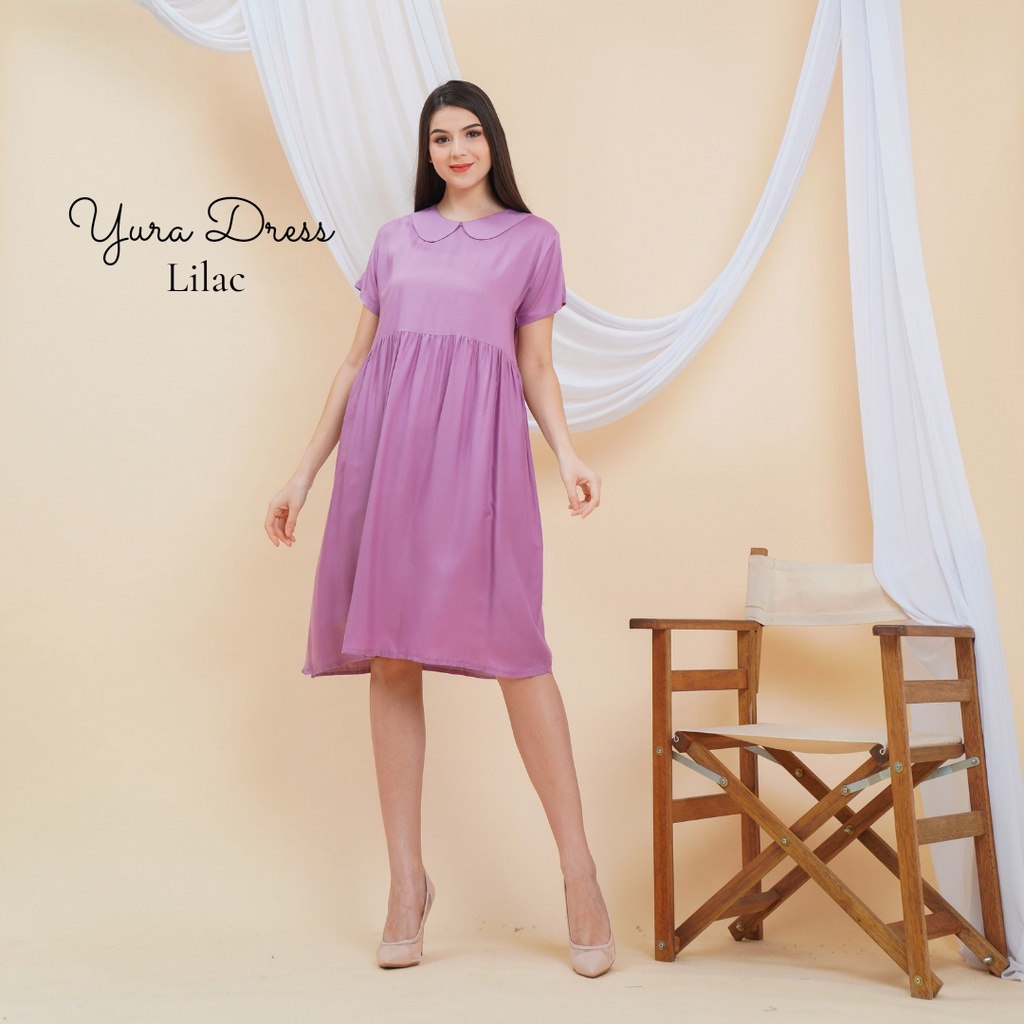 Yura Midi Dress Wanita Rayon Premium Baju Wanita Lengan Pendek Pakaian Fashion Kekinian LD 110 cm