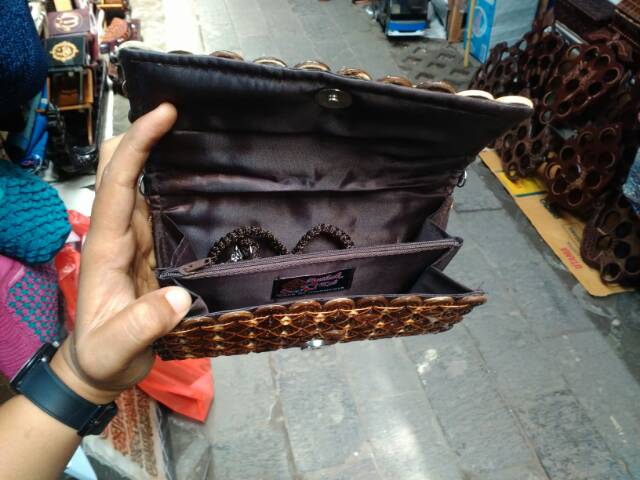 TERMURAH! Dompet Panjang dan Tas Selempang Tali Panjang Elastis - Bahan Batok Kelapa Model Kancing