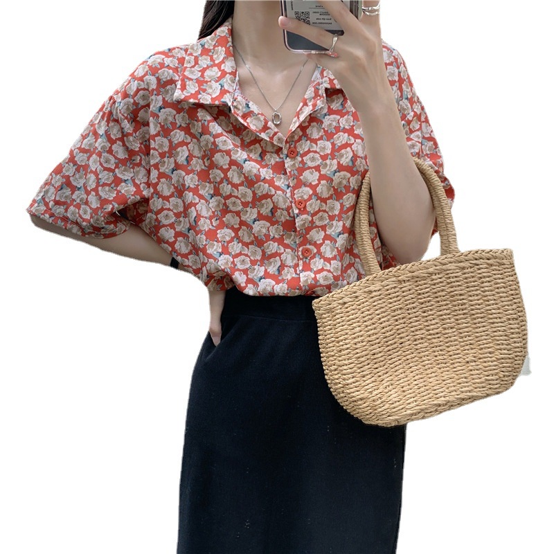 #Sisjuly# Floral Chiffon Shirt Wanita Retro Hong Kong Gaya Musim Panas Baru Mawar Vintage Hong Kong Rasa Dicet