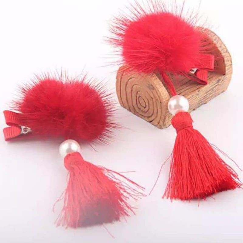 jepit cepol rambut pompom bulu/jepit pompom merah/jepit cepol/jepit cepol cheongsam/jepit imlek/ases