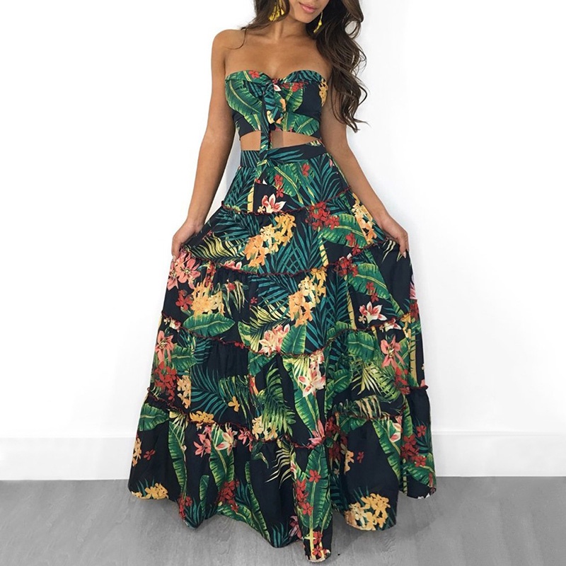 Sexy Women Boho Two Piece Set Crop Top Long Skirt Floral Printed Bandeau Strapless Bandage Ruffles H