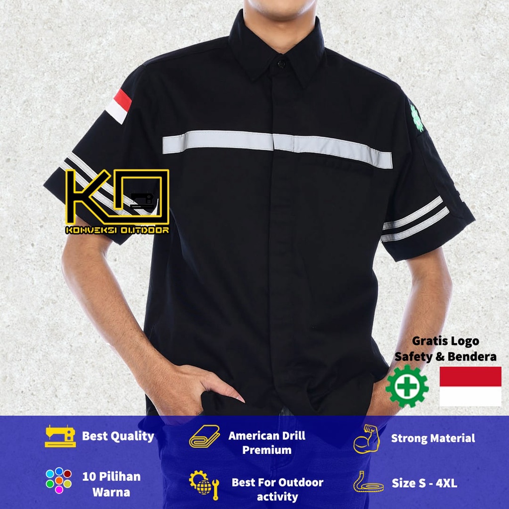 KEMEJA WEARPACK BAJU SAFETY K3 OUTDOOR INDOOR - Seragam Kemeja Kerja Lapangan Lengan Pendek Proyek Bangunan Tambang Alat Berat PLN Enginer Instalasi Mesin werpek sefti Scotlit Warna Hitam Konveksi Outdoor